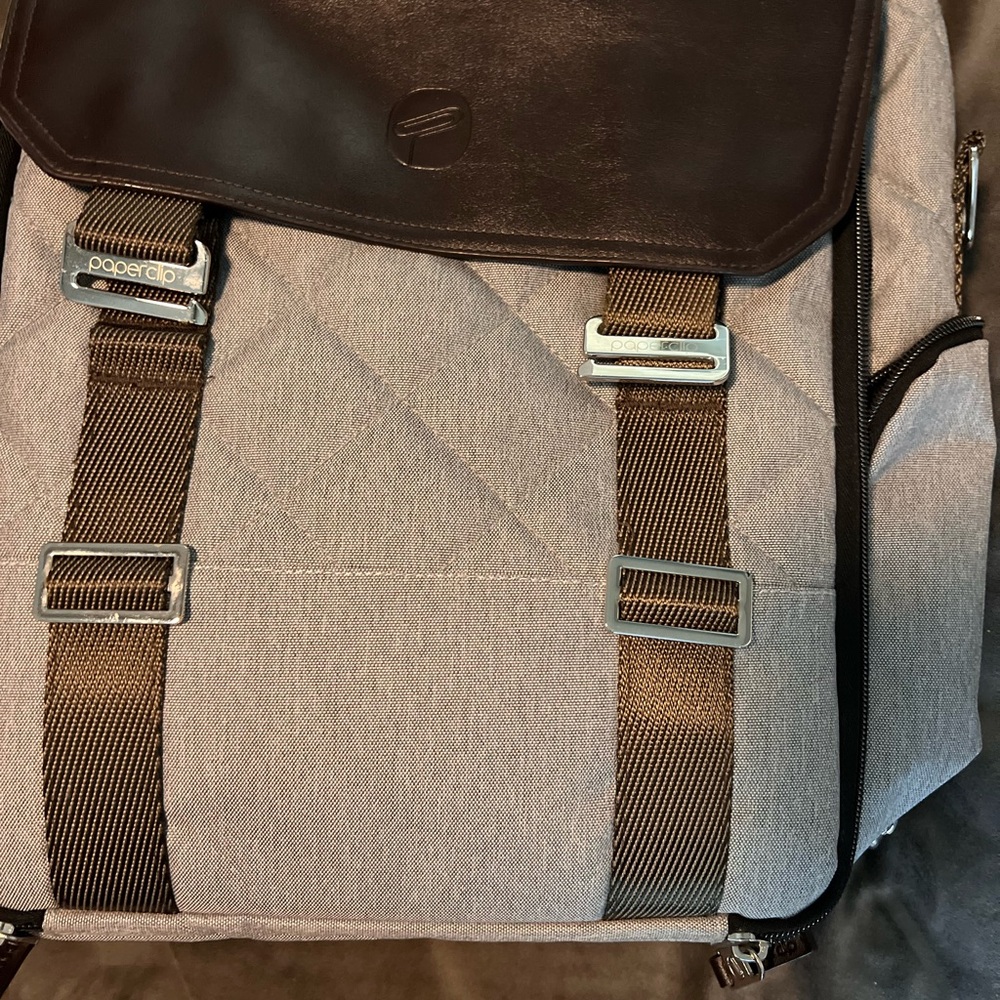 Gray and Brown Minimalist Backpack with Metal Hardware